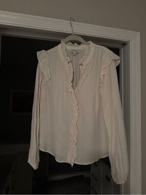 Cream Ruffle-Trim Long Sleeve Blouse